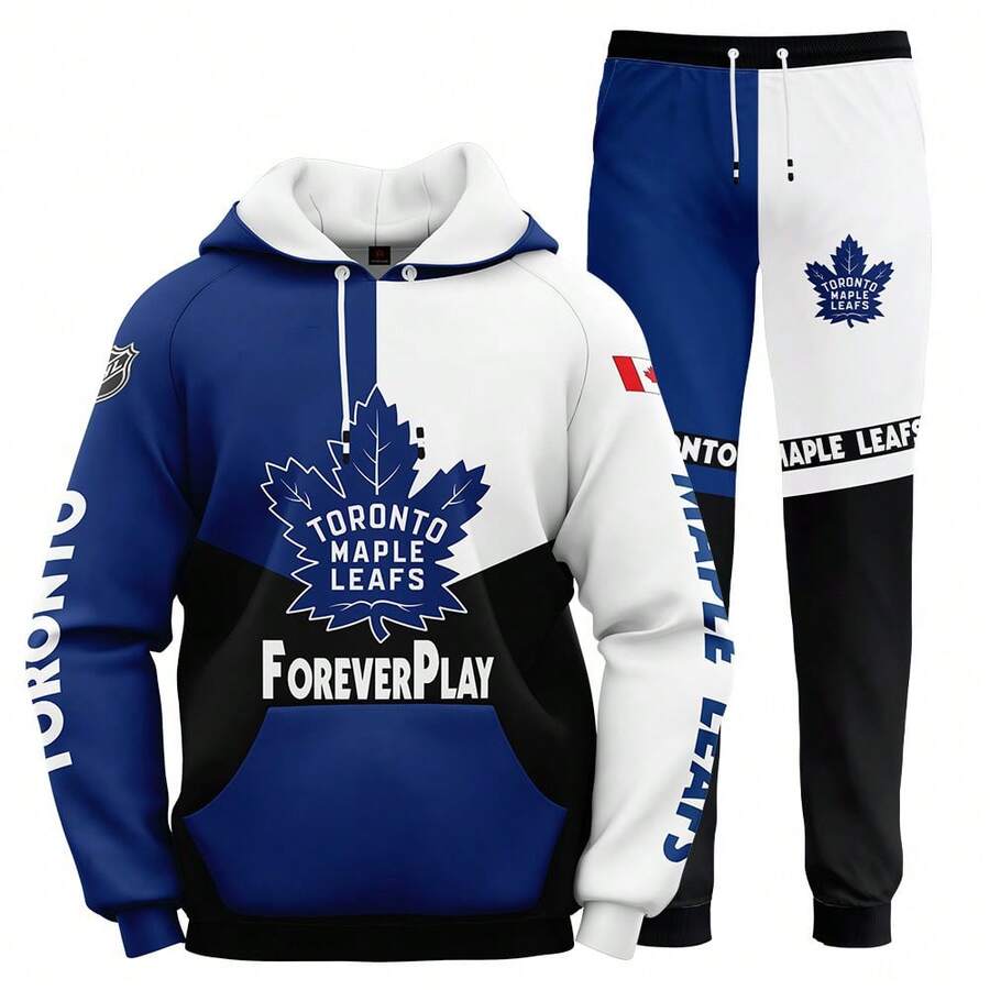Toronto-Maple-Leafs Men'S Stylish 3D Lion Print 2pcs Athletic Wear Set - Long Sleeve Hoodie & Joggers, Casual Outdoor & Gym Wear For Spring/Fall, Football Team Pattern Design, Comfortable & Breathable Fabric, Perfect For Comfortable Fit - Nhiều màu - Xem 1