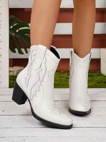 2026 Women's Fashion Chunky Heel Square Toe Embroidered Western Style Boots - White - View 6