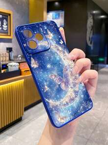 1pc Shiny Moon & Butterfly Protective Phone Case, UV Printed Compatible With Samsung/Galaxy///// Android Models - Blue - View 4