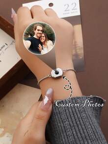 A Personalized Couple's Custom Photo Hexagonal Pendant Bracelet Stainless Steel Material - Hypoallergenic Adjustable Length Retro Urban Style - Valentine's Day Gift | Personalized Couple's Birthday Present Combining Bohemian, Minimalist, Vintage, And Urban Vibes -- Perfect Valentine's Gift For Pet Lovers, Personalized Best Friend Birthday Surprise - Multicolor - View 3
