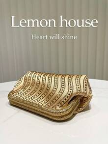 1个奢华闪亮金色波浪形水钻装饰女士手提包，优雅手拿包，适合晚宴、婚礼、舞会、节日和其他场合，配有可拆卸肩带 - 金色 - 查看 6