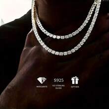 1pc S925 Sterling Silver With 9.8 Carat Moissanite Hip Hop Cuban Necklace, Men's And Women's Street Necklace,Moissanite Gem Necklace, High-End Dating Social Premium Properties, Birthday Wedding Anniversary Appointment - 1條S925純銀高檔莫桑石鑽石鏈 - 查看 1