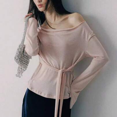 Women's Spring Outfit, Tie-Waist Oversized Scoop Neck Long Sleeve T-Shirt, Lightweight Loose Fit Cover Up, Fashionable Minimalist Elegant Casual Cover Up For Valentine's Day, Pink