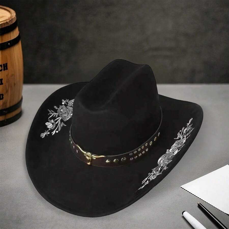 Women Men Embroidery Cowgirl Hat Wide Brim Cattle Head Belted Wool Hat Felt Jazz Cap For Party - màu đen - Xem 1