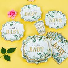 White Base Green Leaf "Oh Baby" Petal Shaped Disposable Plates, Napkins, Cups - One-Time Party Supplies Set, Fits 25 Guests, Disposable Paper Plates Party Tableware Suitable For Birthday, Wedding, Theme Party, Family Picnic - Multicolor - View 4