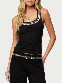 Women Studded Tank Top Silver Rivets Trim Crop Top Sleeveless Going Out Tops  Streetwear - 黑色 - 查看 1