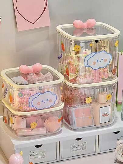 家用桌面发饰收纳盒、洗衣凝珠收纳盒、衣物收纳盒、大容量透明带盖收纳盒、创意卡通DIY可视收纳盒、卡通兔子贴纸蝴蝶结收纳盒