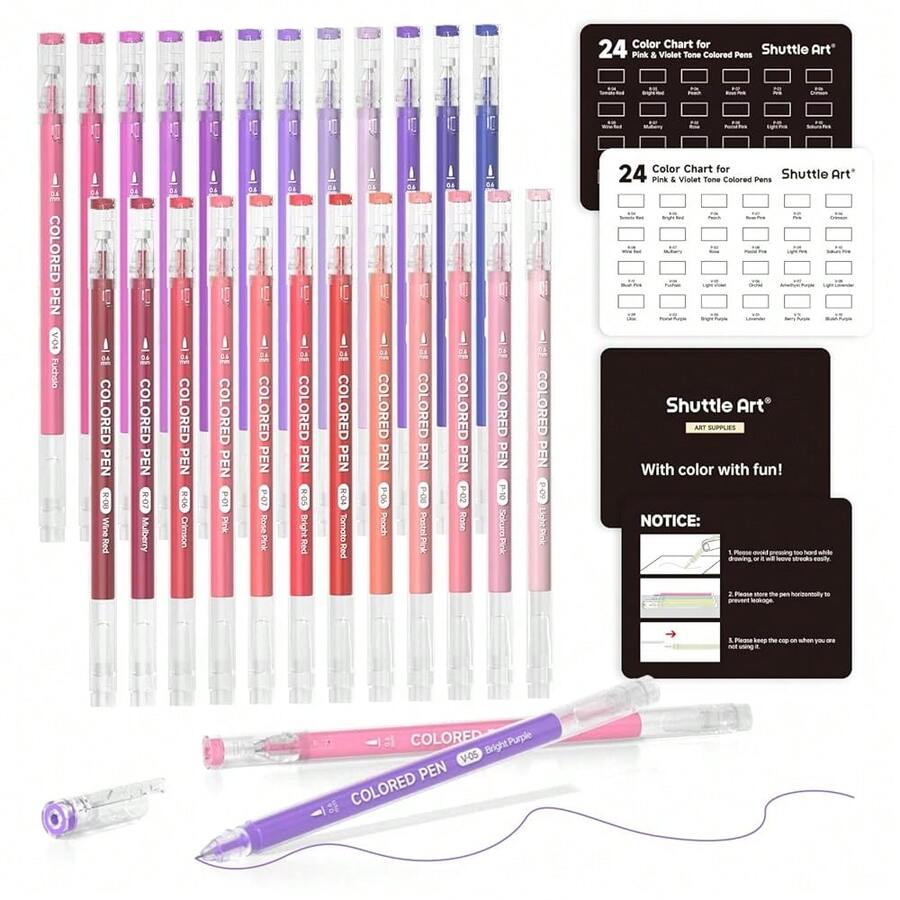 Shuttle Art Colored Pens, 24 Pink & Purple Tone Colors Cute Journal Pens 0.6mm Fine Point Colored Gel Pens For Black Paper Adult Coloring Writing Drawing Journaling Note TaFKing Schoolsss Office Home - 24粉紅紫調 - 查看 1