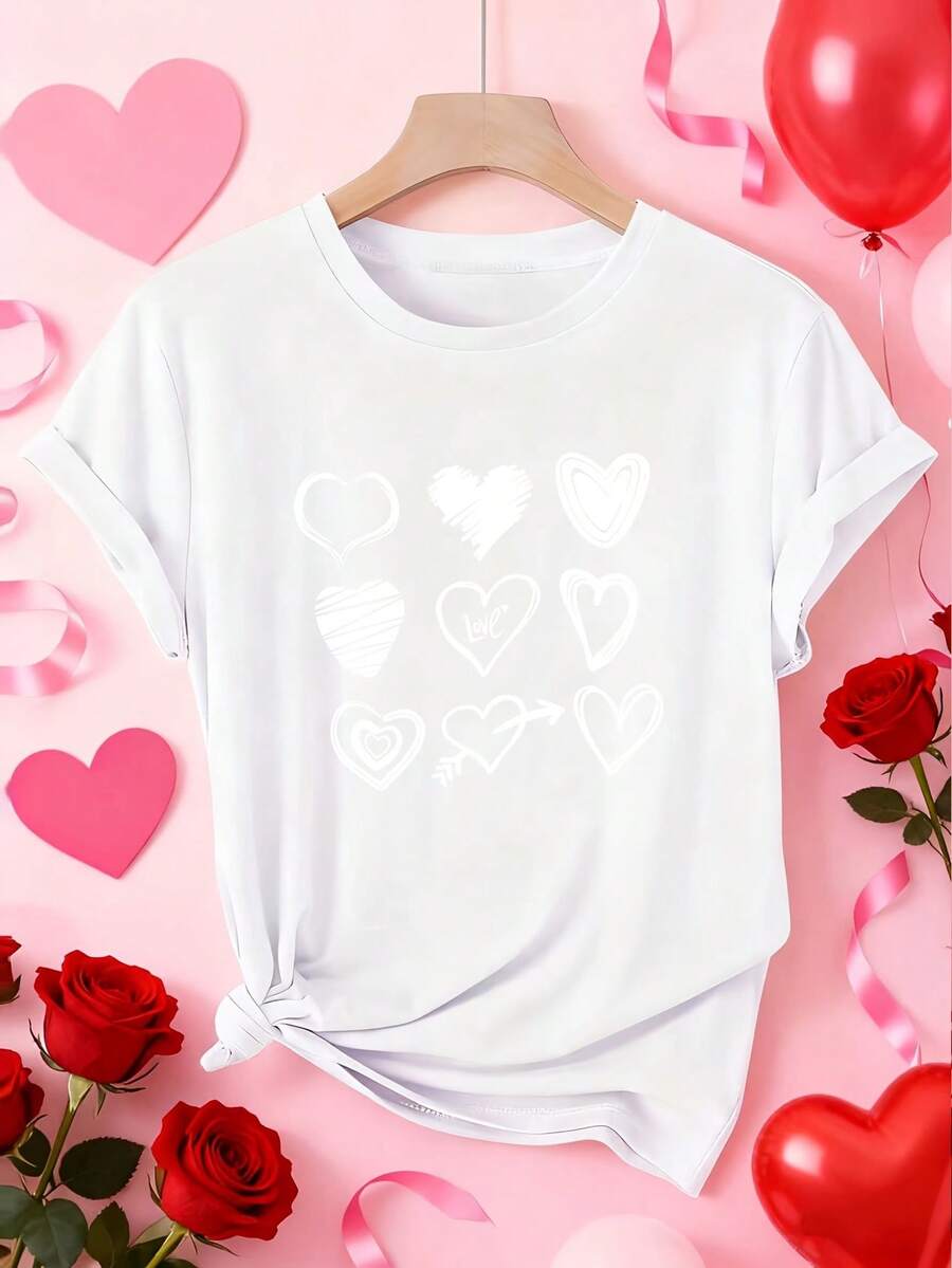 Women's Valentine's Day Love Heart Print T-Shirt - Short Sleeve Round Neck Casual Blouse With Hand-Drawn Cupid & Amorous Phrases, S-XXL Sizes, Spring Summer Fall Casual Attire Or Valentine's Outfits, Soft Comfortable Fabric (Compatible Relaxed Fit Short Sleeve Top, Women's Valentine's Day Heart Print Oversized Cotton T-Shirt,Streetwear Drop Shoulder T-Shirt - 白色 - 查看 1