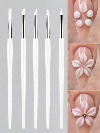 5pcs/Set Nail Art Brushes, Silicone Tip, White Nail Sculpture Pen, Drawing Pen, Suitable For Acrylic Carving, Nail Carving, Relief, Hollow Carving, Rhinestone Dotting Tool Set, 3D Nail Art, DIY Nail Art Pen, Nail Rhinestone Dotting Pen, Nail Brush, Nail Art Tools, DIY Nail Art Tool Accessories, Designed For Nail Technicians.