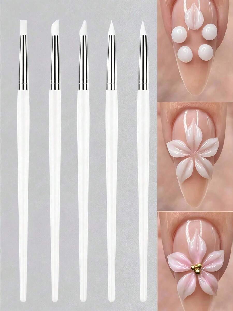 Set 5 pensule pentru unghii, vârf din silicon, stilou alb pentru sculptura unghiilor, stilou de desen, potrivit pentru sculptură acrilică, sculptură unghiilor, relief, sculptură în gol, set de instrumente pentru punctarea strasurilor, artă unghii 3D, stilou pentru unghii DIY, stilou pentru punctarea strasurilor pentru unghii, pensulă pentru unghii, instrumente pentru unghii, accesorii pentru instrumente pentru unghii DIY, concepute pentru tehnicieni unghii. - Multicolor - Vizualizare 1