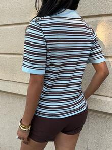 2026 Spring/Summer New Women's Light Blue And Cocoa Brown Striped Turtleneck Short Sleeve Knit Sweater, Classic Stripe Combination, Retro Collegiate Style - Multicolor - View 11
