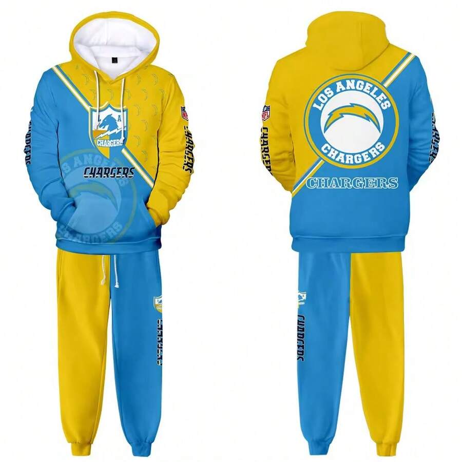 Los-Angeles-Chargers Men'S Stylish 3D Lion Print 2pcs Athletic Wear Set - Long Sleeve Hoodie & Joggers, Casual Outdoor & Gym Wear For Spring/Fall, Football Team Pattern Design, Comfortable & Breathable Fabric, Perfect For Comfortable Fit - 彩色 - 查看 1
