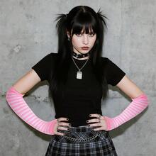 Nydotd Fingerless Long Sleeve Mittens Gloves Y2K Kawaii Japanese Harajuku Gothic Punk Knitted Striped Arm Warmer For Women,PinkWhite - PinkWhite - 查看 7