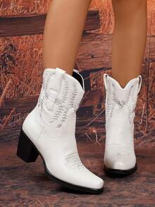 2026 Women's Fashion Square Toe Embroidered Western Style Chunky Heel Ankle Boots - White - View 4