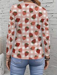 Women's Strawberry Print All-Over Checkered Tunic Top - Long Sleeve Round Neck Casual Blouse With Strawberry & Gingham Pattern, Spring/Fall Layering Essential, Machine Washable Pink & Red Fruit Design, Relaxed Fit For Casual Attire, Vibrant Strawberry Print With Checkered Background, Soft And Comfortable Fabric, Chic And Playful Style For Women - Mixed Color - 查看 2