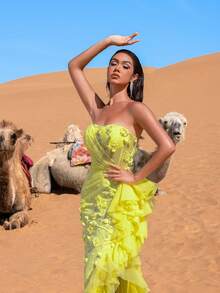 Faeriesty Embroidered Ruffle Hem Elegant Strapless Dress Party - Yellow - View 2