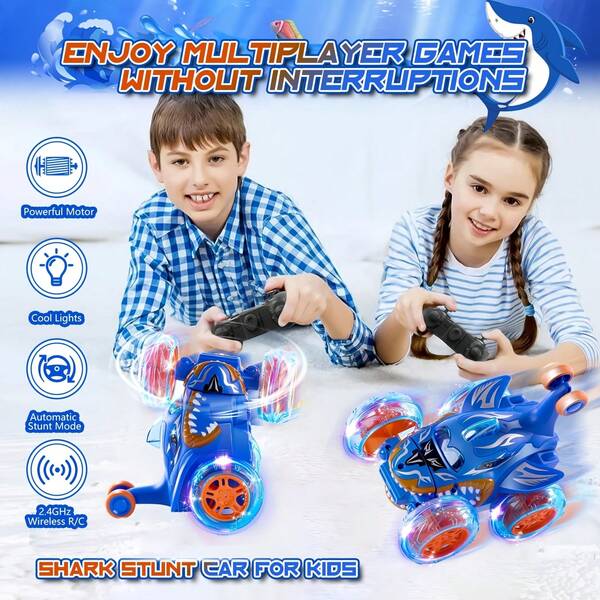 Coche teledirigido con piruetas de tiburón para niños - Giros de 360°, 2.4GHz RC, luces LED y todo terreno | Juguete de coche RC recargable | Regalo ideal para Año Nuevo/Cumpleaños para niños y niñas