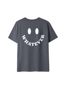 Áo thun nữ mùa hè mới, kiểu dáng đơn giản, in chữ "WHATEVER" và hình mặt cười, cổ tròn, tay ngắn, thời trang, đa năng, phù hợp cho nữ mặc hàng ngày và đi nghỉ xuân. - Màu xám đen - Xem 3