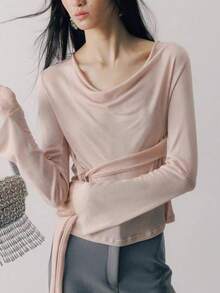 Women's Elegant Tie-Waist Loose Fit Scoop Neck Long Sleeve T-Shirt, Lightweight Casual Loose Fit Sun Protection Coverup, Loose Flattering Fashion Minimalist Casual Outdoor Top, Pink - Pink - View 14