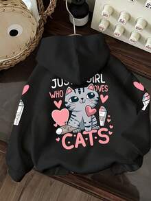 Toddler Girls' Cartoon Pattern Warm Hooded Sweatshirt - Black - View 1