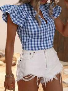 Blusa de picnic francesa casual con botones, volantes y cuadros de poliéster, adecuada para uso diario, té y brunch en verano - Azul - Ver 5