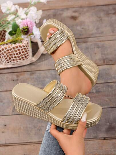 Sandalias de plataforma con doble correa metálica para mujer, zapatos planos con suela gruesa de plataforma de moda para verano, para playa, fiesta y uso diario