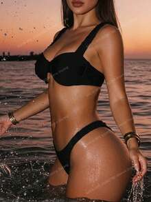 Swim SXY Einfarbiger Bikini-Set mit Bügel für den Sommer Strand - Schwarz - Übersicht 2