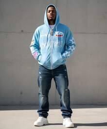 Sudadera con capucha con cremallera y estampado completo con estrellas y letras, cárdigan holgado y casual, unisex - Azul - Ver 5