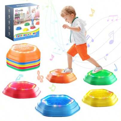 Light-Up Musical Stepping Stones For 5-Piece Set Non-Slip Sensory Balance Stones For Toddlers Indoor And Outdoor Play Perfect For Ages 3+