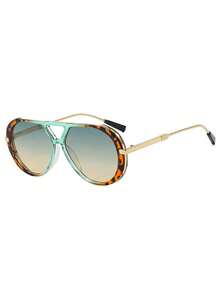 1 par de gafas de moda con doble puente en estilo retro, gafas versátiles de colores contrastantes para mujer, adecuadas para uso diario, fotografía callejera, vacaciones, viajes, playa de verano, actividades al aire libre, accesorios de viaje y playa - Marco con estampado de leopardo verde - Ver 3