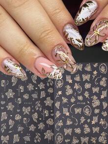 2pcs Luxury Shiny Flower Nail Art Stickers, Gold Flower Heart Leaf Self-Adhesive 3D Nail Decals, Nail Sliders, Women & Girls Nail Art Supplies Nails - Multicolor - View 1