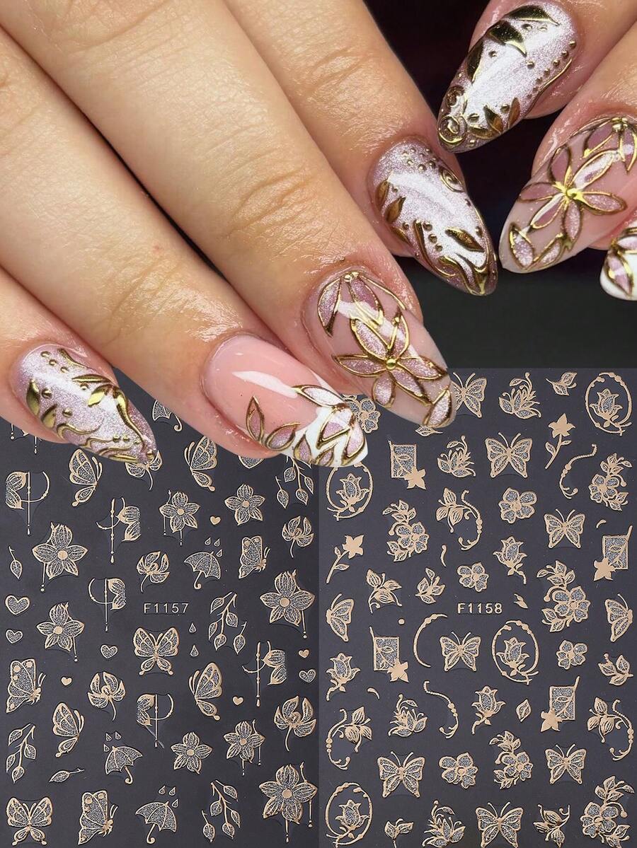 2pcs Luxury Shiny Flower Nail Art Stickers, Gold Flower Heart Leaf Self-Adhesive 3D Nail Decals, Nail Sliders, Women & Girls Nail Art Supplies Nails - Multicolor - View 1