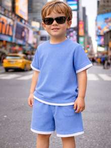 2-Piece Summer Boy's Set - Stylish And Modern T-Shirt And Shorts - Lightweight, Cool, And Comfortable - Màu xanh nhạt - Xem 3