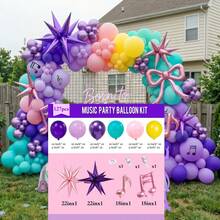 144件套音乐猎人KPOP主题气球拱门套装，包含爆裂星、迪斯科星、星形和音符铝箔气球，以及浅粉色、深紫色、浅紫色和蓝色乳胶气球。适用于生日派对、舞会装饰、单身派对和迪斯科主题活动。 - 彩色 - 查看 15