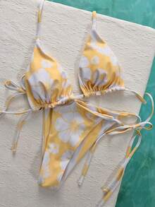 Women's Swimsuit Bikini, Cute Bohemian Style Shallow Yellow Hibiscus Flower Print Spaghetti Strap Swimsuit With Boyshort Bottoms, Suitable For Vacation, Beach, Pool And Sports Wear, Autumn/Winter, Valentine's Day, Spring/Summer 2026 New Arrival - Yellowish-white - View 6