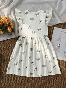Girls Ivory White Elegant Cute Butterfly Print Princess Dress, Cap Sleeve Round Neck Dress, Spring/Summer - Beige - View 7