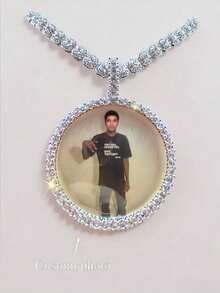 Customized Large Round Frame Photo Pendant Necklace, Brass & Zirconia Sparkling, DIY Photo, Hip Hop Daily Wear Jewelry, With 50cm Twisted Chain Gift, Silver, Stylish, Colorful, Vintage, Simple, Unisex, Casual, Cuties, Custom, Personalized, Unique, Ideal Gifts For Him, Middle School Students, High School Senior High School Students, College Students, University Students, Freshman, Sophomore, Underclassmen,Chic Autumn - 彩色 - 查看 2