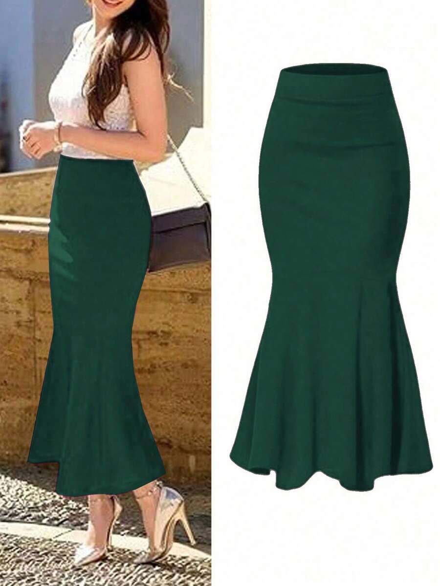 Falda de cola de sirena elegante, diseño ajustado de cintura alta, dobladillo con volantes, tela de mezcla de poliéster elástica, lavable a máquina, adecuada para todas las estaciones, primavera - Verde Oscuro - Ver 1