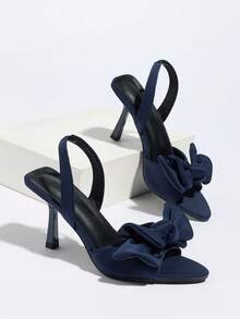 Giày sandal cao gót mũi nhọn bằng satin dành cho nữ, có nơ trang trí, quai cổ chân co giãn, phù hợp cho tiệc tùng, mặc hàng ngày, họp mặt, kỳ nghỉ, đi làm thanh lịch, mùa xuân/hè, thời trang, màu xanh navy, sandal nữ thanh lịch dễ phối với váy, chân váy, đám cưới - Màu xanh hải quân - Xem 10