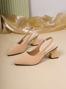 Women's Fashion Backless High Heel Pumps, Black Thick Heel Elastic Band Pointed Toe Slingback Shoes For Daily Wear & Office