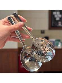 1个带沥水孔和耐热手柄的不锈钢汤勺，厨房日常用品，适合盛汤和米饭。 - 彩色 - 查看 2