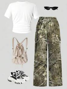 2pcs Girls Camouflage Pants And Numeric Print Long Sleeve Top Set - White - View 3