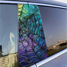 2pcs Vibrant Stained Glass Spider Web B-Pillar Protectors - Self-Adhesive Car Decals With Teal, Blue & Purple Design, Plastic Glossy Finish For Scratch & Dent Protection, Easy Peel & Stick Temporary Vinyl Stickers For Cars - A - View 2