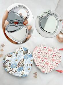 1 buc Oglindă compactă pliabilă, imprimată față-verso, cu inimă, imprimată, ușor de transportat, oglindă de machiaj pliabilă - mică, față-verso cu funcție de mărire, potrivită pentru portofele și călătorii, Ziua Îndrăgostiților, cadou perfect pentru femei, fete și mame