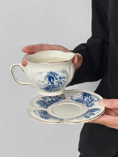 1 Set Tazza da caffè e piattino in ceramica con paesaggio vintage, Tazza e piattino in ceramica con rilievo francese, Tazza da caffè e piattino, Tazza da colazione, Tazza da succo, Tazza da tè pomeridiano, Tazza regalo