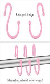 Qazvmlp Shower Curtain Hooks,304 Stainless Steel Shower Rings For Bathroom,Double Glide Shower Hooks For Bathroom Shower Curtain Rods Curtains,Set Of 12 Hooks,Light Pink(Shower Curtain Hooks Style A ) - ColorA - 查看 3