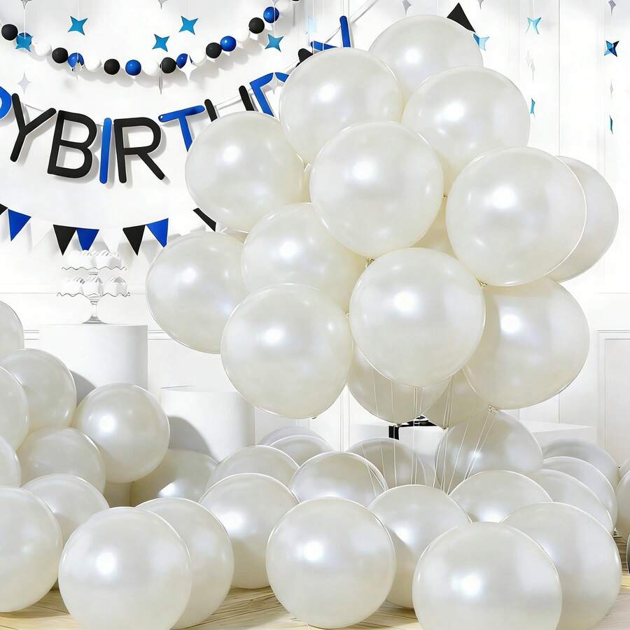 50/100个珠光白5/10英寸气球套装，色调深沉优雅，复古感十足，适用于婚礼、生日派对、情人节、周年纪念、求婚和节日装饰。气球表面饱满光滑，质地细腻，色彩丰富持久不褪色，为浪漫或优雅的场合营造高端氛围。 - 珍珠白+絲帶 - 查看 1