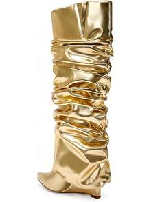 Women's Slouched Ruched Fold Over Boots - Patent Leather Covered Wedge Heel Wide Calf Pointed Toe Knee High Casual Boots - Gold - View 4