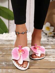 法式花朵装饰绑带平底凉鞋，适合约会、购物、聚会、派对、通勤和商务场合，夏季必备 - 玫紅色 - 查看 2